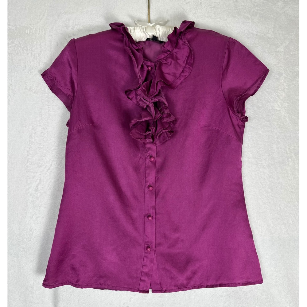 Talbots Ruffle Front Blouse Womens 6 Magenta Silk Blend Cap Sleeve Quiet Luxury